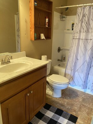 Un bagno con lavandino, WC e doccia.