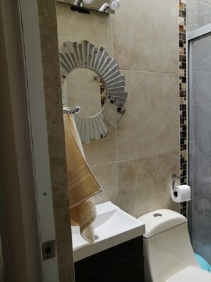 Dusche, Haartrockner, Handtücher, Seife