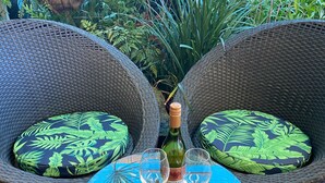 Two wicker chairs with green leaf-patterned cushions, a table with a blue top, and a bottle of wine.