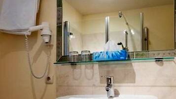 Hair dryer, towels, soap, toilet paper