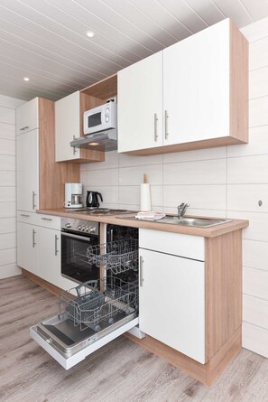 Fridge, microwave, oven, high chair