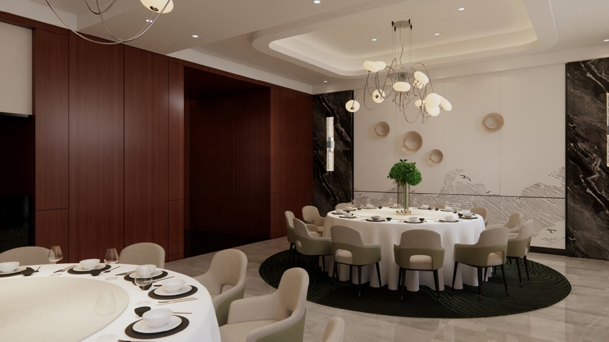 A modern dining area with round tables, chairs, and a central decorative plant.
