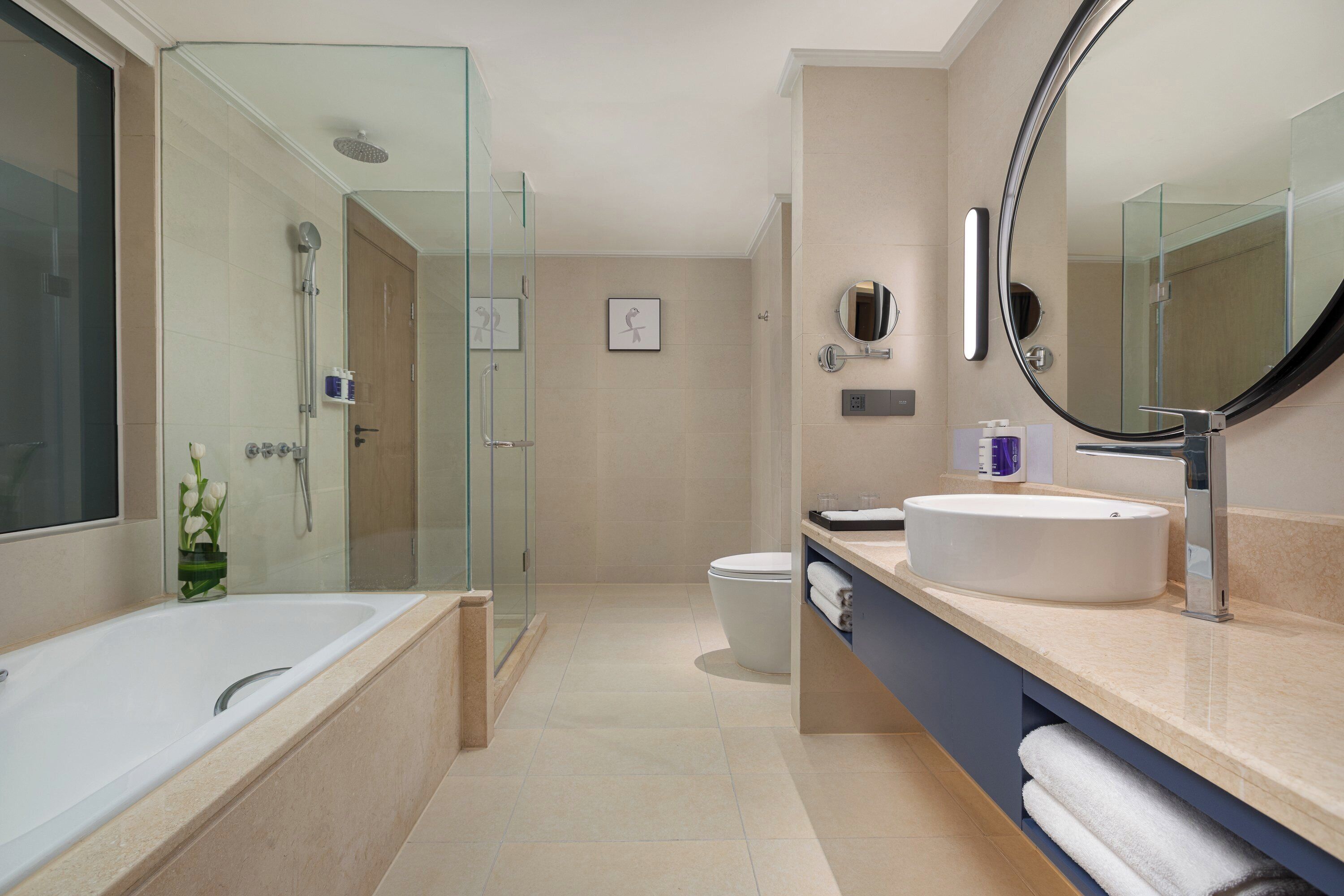 A modern bathroom with a glass-enclosed shower, a large mirror, a bathtub, and a sink with a vanity.