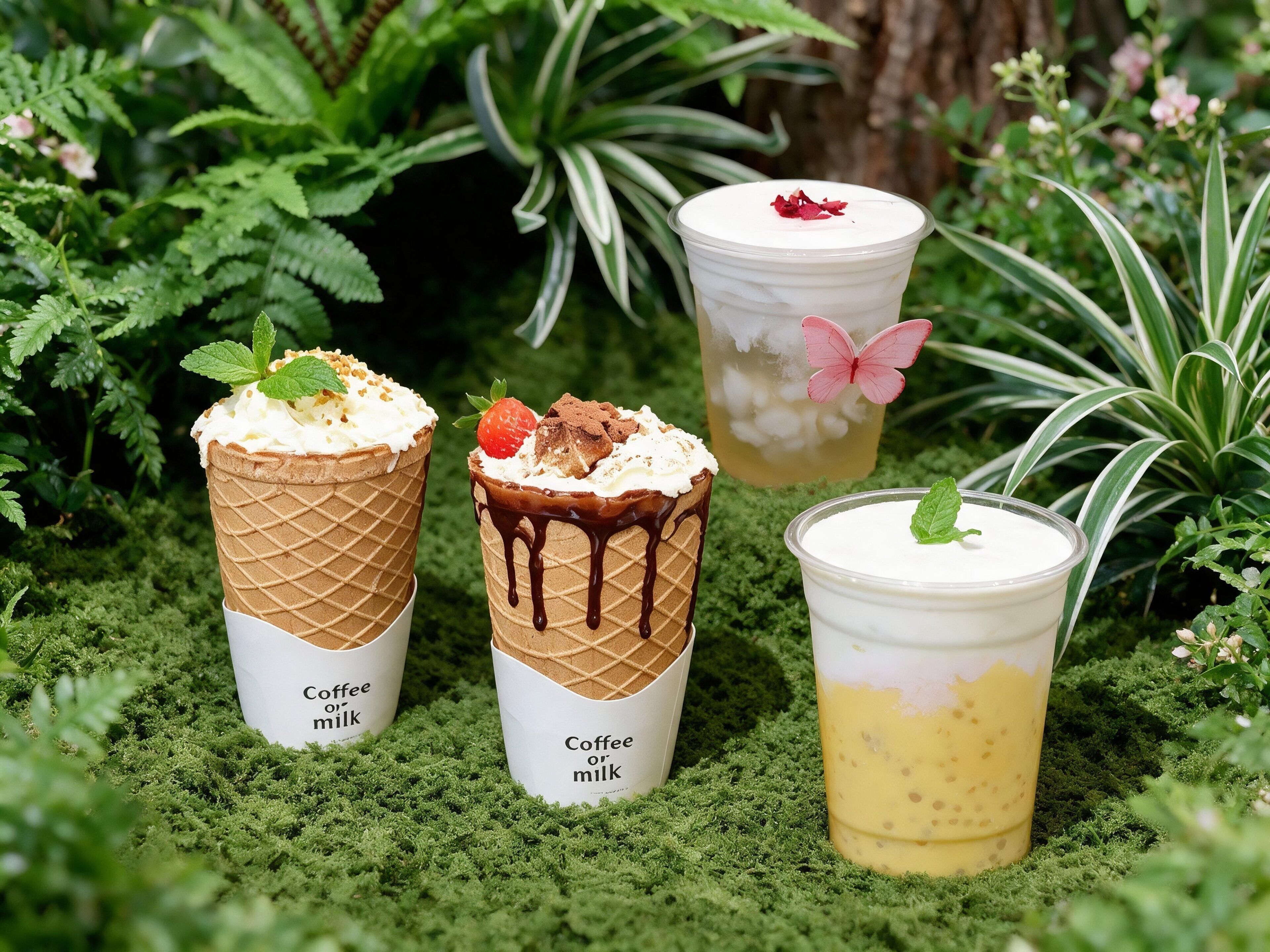 Three cups of coffee or milk with different toppings and a glass of iced coffee with a butterfly decoration.