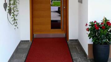 A hallway with a red carpet leading to a wooden door, a potted plant on the right, and a wall-mounted sign with the number 335.