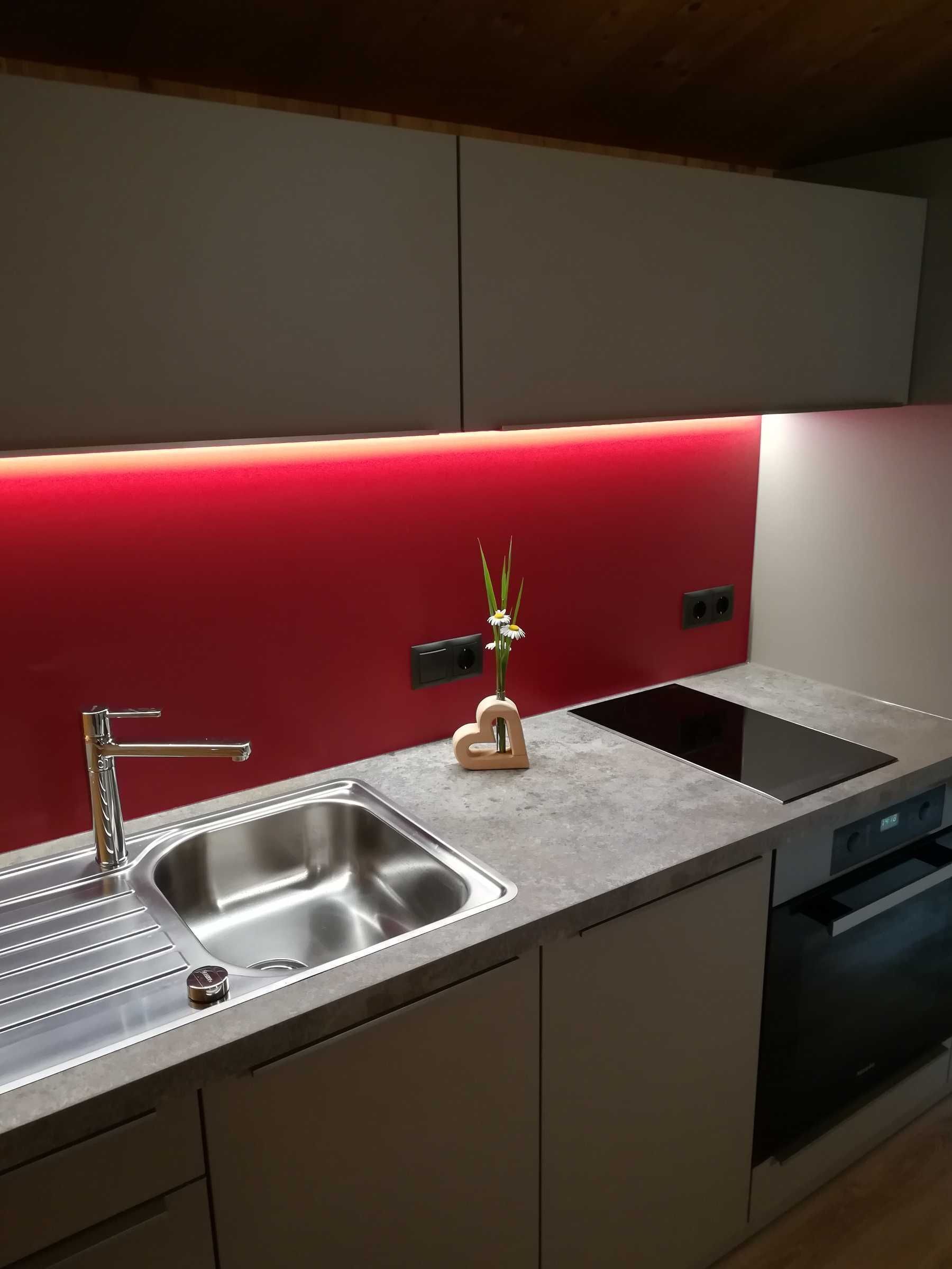 A modern kitchen with a stainless steel sink, a built-in stove, and a red backsplash.