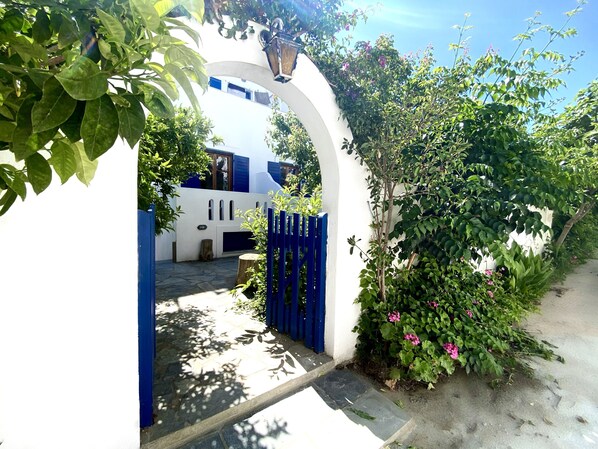 A white building with blue accents, a stone pathway, and a blue gate.