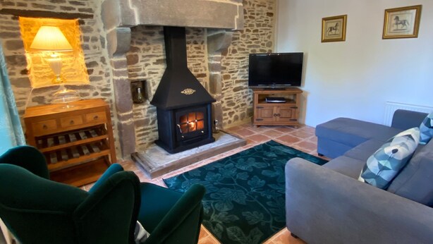 A cozy living room with a stone fireplace, a television, a sofa, and a lamp. - Le Petit Maison - La Relierie (Gavray)