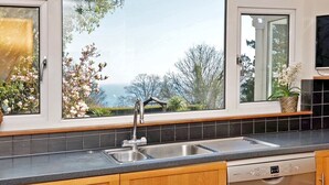 A kitchen with a large window, a Bosch dishwasher, and a sink.