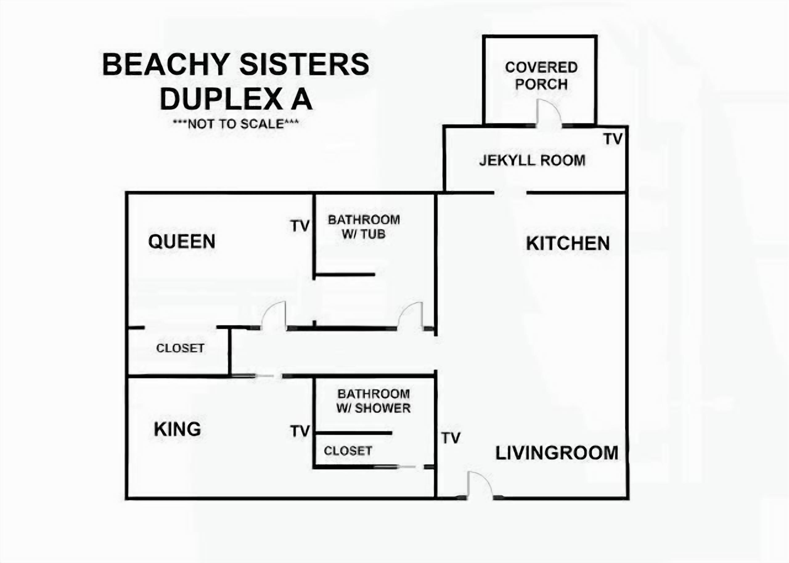 A floor plan of a duplex with labeled rooms including a queen, king, kitchen, livingroom, and covered porch.