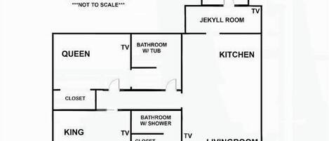 A floor plan of a duplex with labeled rooms including a queen, king, kitchen, livingroom, and covered porch.