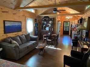 Smart TV, fireplace, DVD player, books