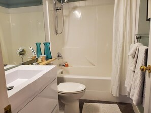 Badkar/dusch, hårtork, handdukar och tvål