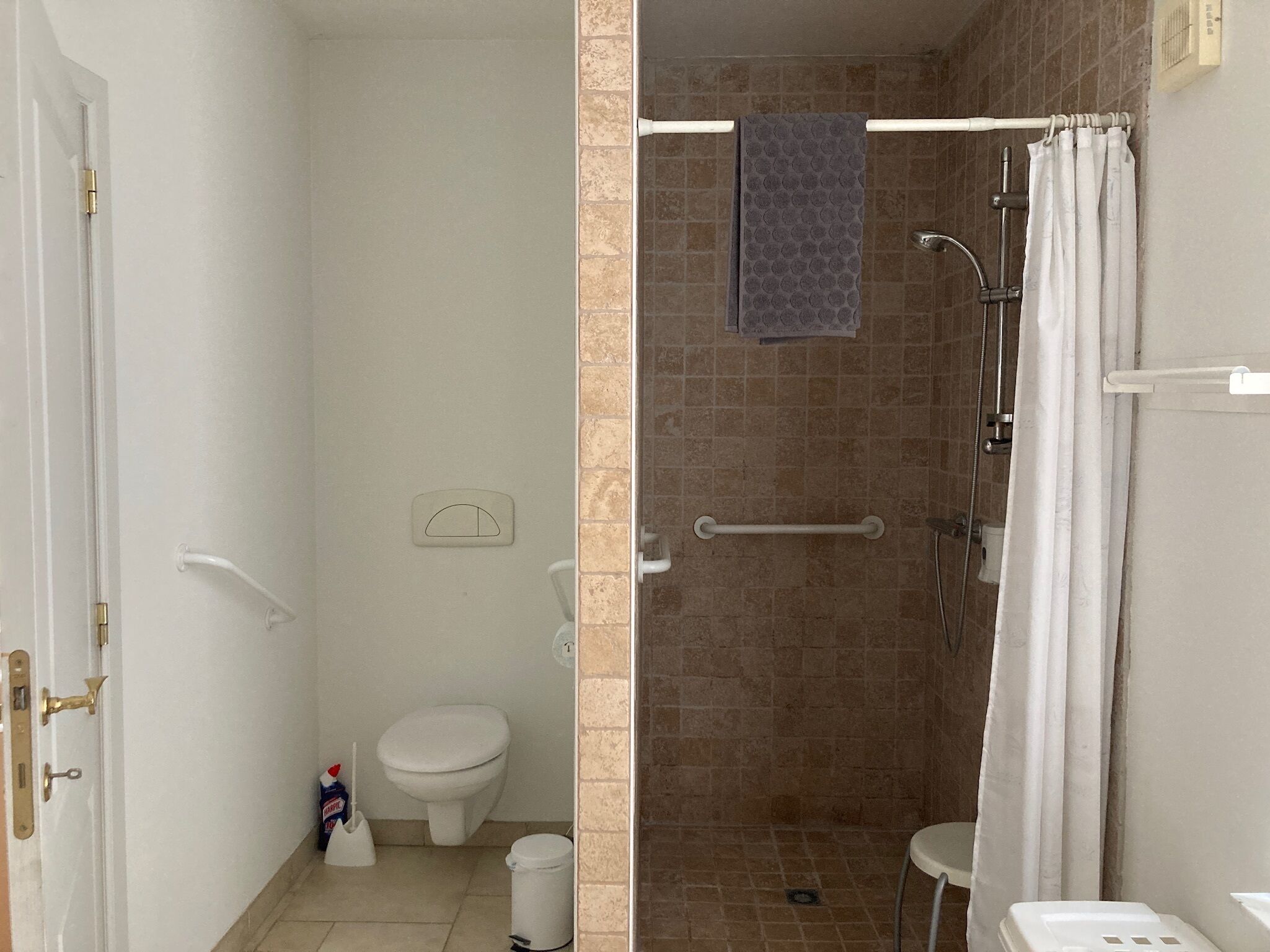 A bathroom with a toilet, a shower with a grab bar, and a towel rack.
