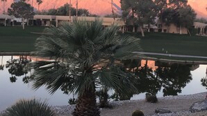A serene landscape with a palm tree in the foreground, a body of water reflecting the tree, and a mountain range in the background.