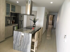 Fridge, microwave, oven, stovetop - Sunset View Luxury 7th floor "Malecon -Oceanfront" Condo in beautiful Mazatlan. (Mazatlán)