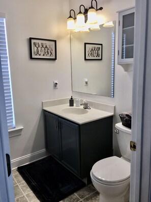 Une salle de bain avec un lavabo blanc, des meubles sombres, des toilettes et un tapis noir.