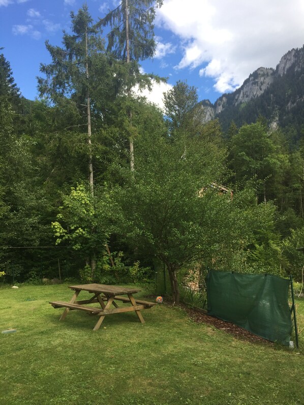 Une table de pique-nique se trouve dans un espace herbeux, avec une structure en treillis vert et des arbres en arrière-plan.