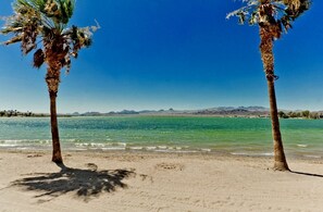 A beach with two palm trees and a clear blue sky. - Lake Views! Upscale Private Villa (Lake Havasu City)