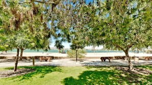 Een park met bankjes en bomen, een heldere lucht en uitzicht op het strand.