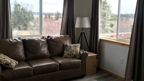 Un salon avec un canapé en cuir marron, un tapis à motifs et une lampe.