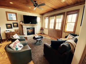 TV, fireplace, books