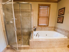 Combined shower/tub, jetted tub, hair dryer, towels