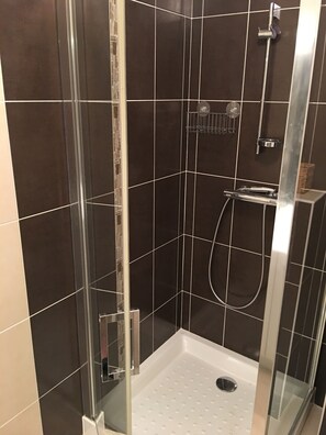 Shower area features a glass-enclosed stall with a handheld showerhead and wall-mounted faucet.