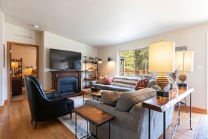 Smart TV, fireplace, books