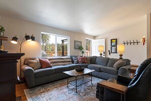 Smart TV, fireplace, books