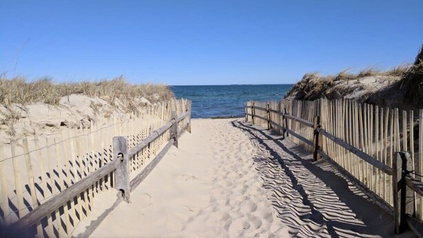 Een zandpad langs het strand met houten leuningen dat naar de zee leidt.