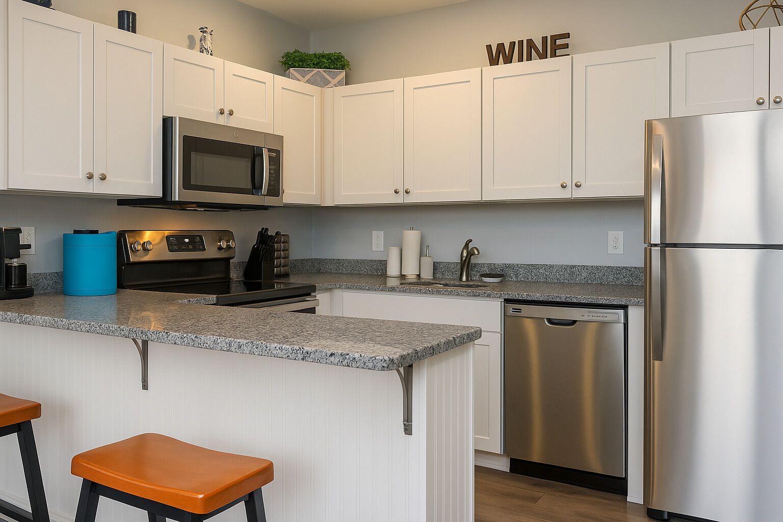 A modern kitchen with white cabinets, a stainless steel refrigerator, a built-in microwave, and a coffee machine.