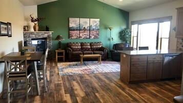 Smart TV, fireplace, books