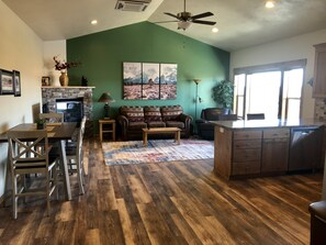 Smart TV, fireplace, books