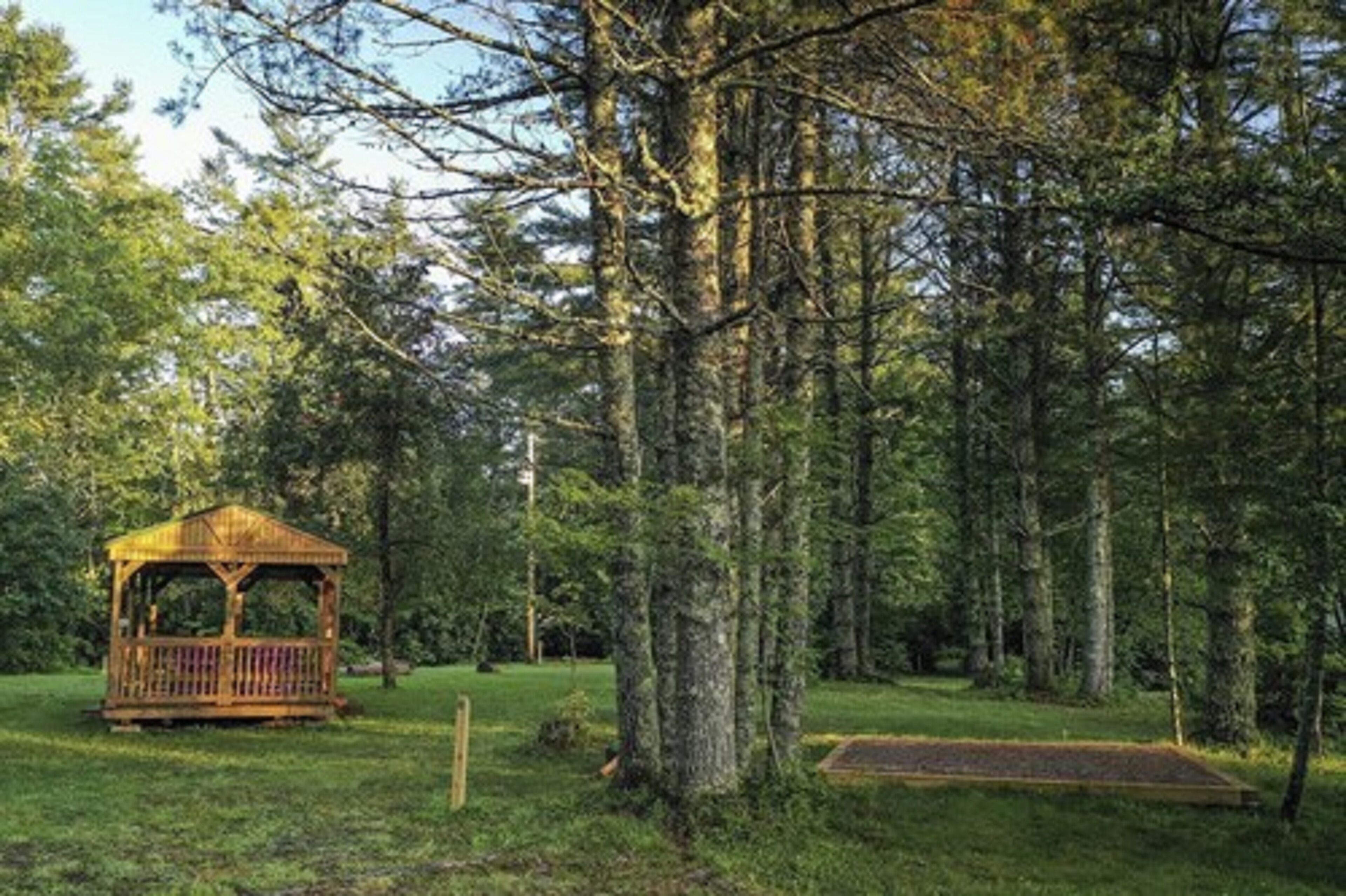 Un kiosque en bois situé dans une zone boisée, avec un champ d’herbe à proximité.