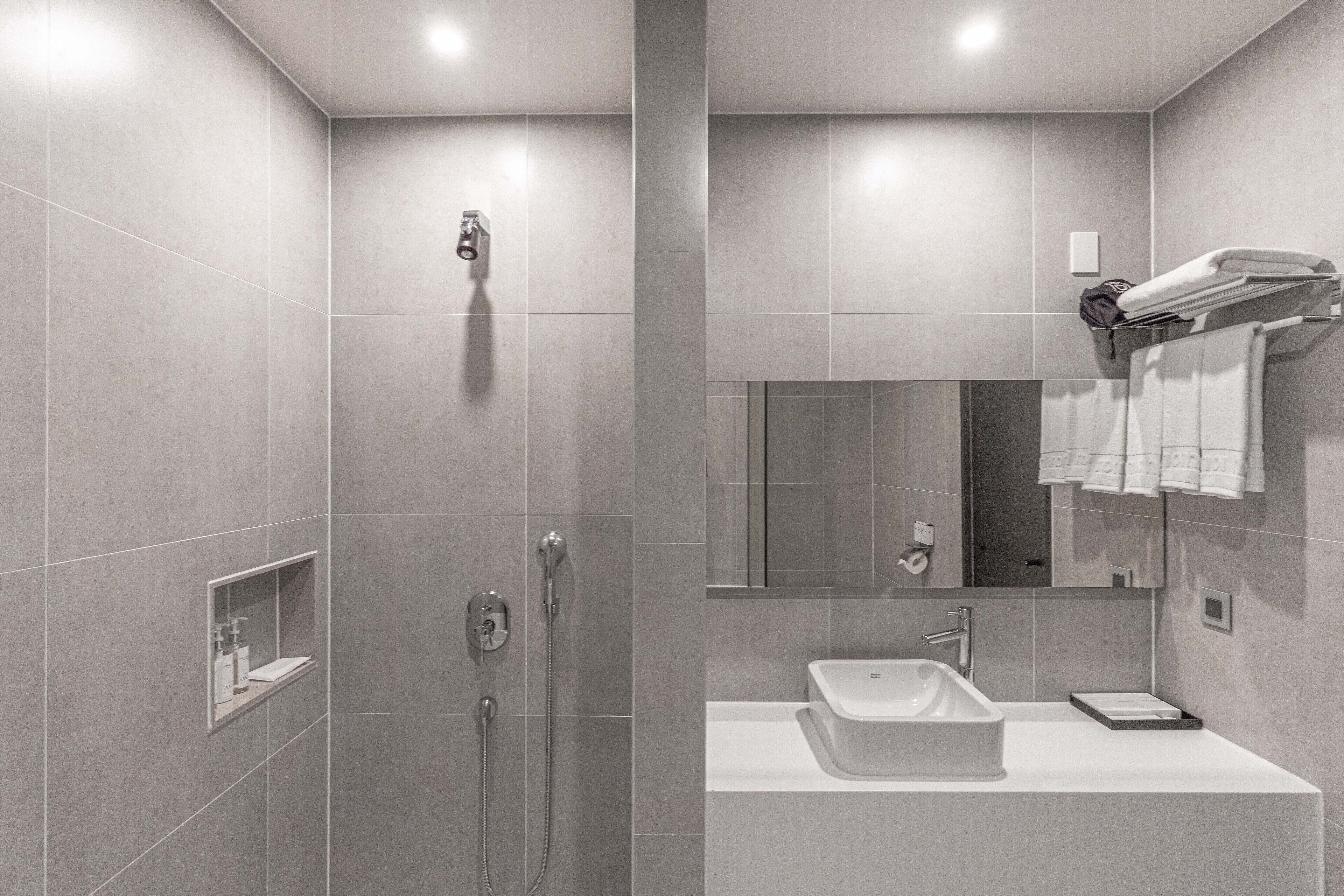 A modern bathroom with a walk-in shower, a sink, and a mirror.