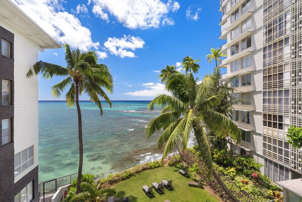 A hotel balcony with a view of the ocean and palm trees.