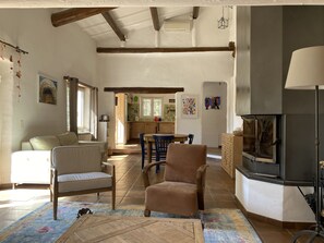 Télévision, cheminée, table de tennis de table, livres