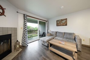 Televisión, chimenea, reproductor de DVD y libros