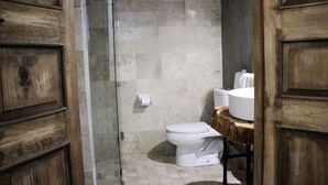 A bathroom with a toilet, a sink, and a shower area. - Hotel Boutique Don Porfirio (Apaseo el Grande)