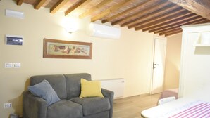 A room with a grey sofa, a bed with a checkered bedspread, a white radiator, and a wooden ceiling.