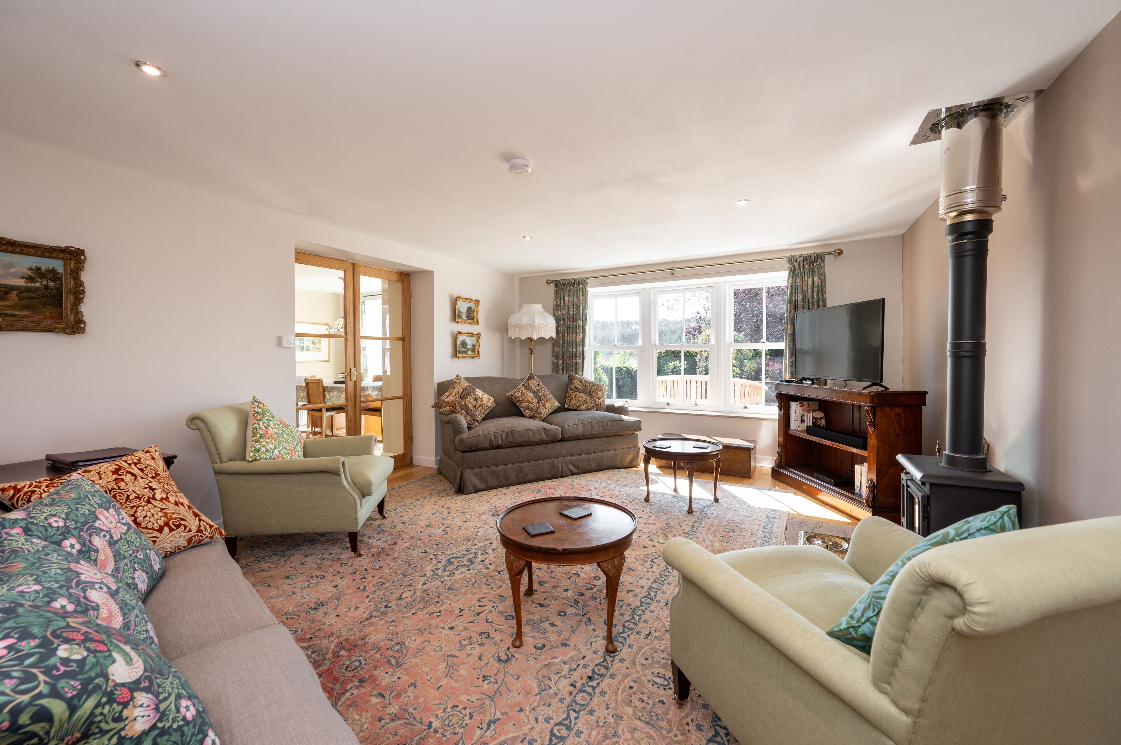 Una Smart TV, una chimenea, un reproductor de DVD, libros