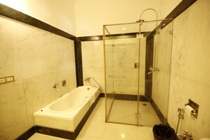 Um banheiro moderno com chuveiro em cabine de vidro, uma banheira livre e um vaso sanitário.