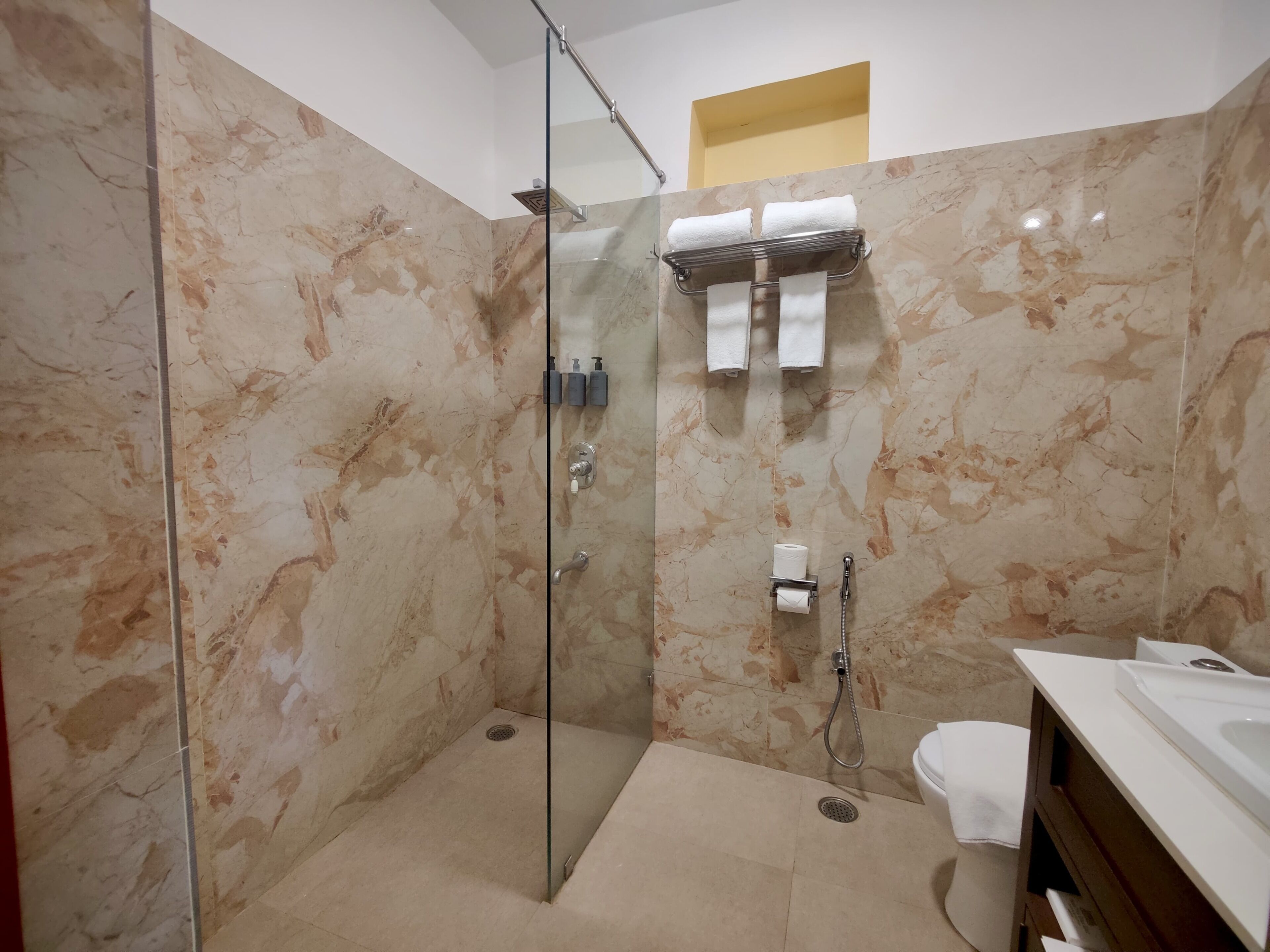 A modern bathroom with a glass-enclosed shower, marble walls, a toilet, and a sink.