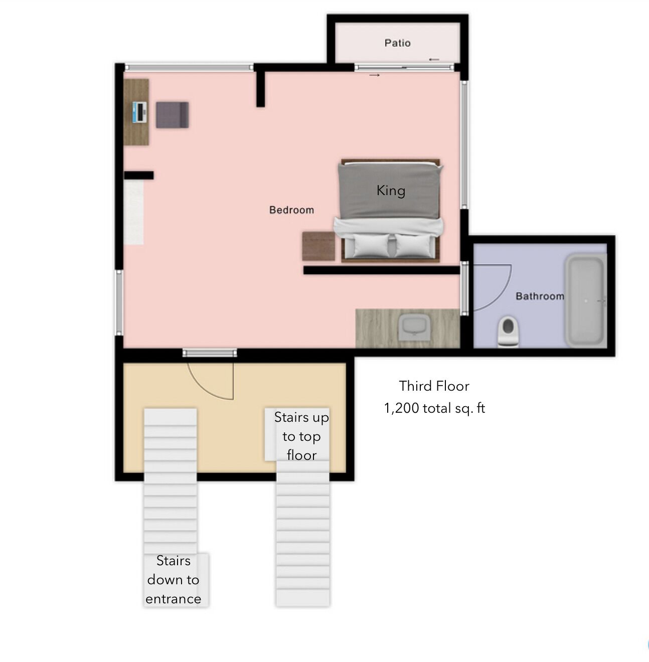 Grundriss eines Zimmers im dritten Stock mit Schlafzimmer, Badezimmer und Terrasse.