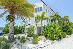 Un edificio de dos pisos con fachada blanca, rodeado de follaje tropical y un terreno arenoso.