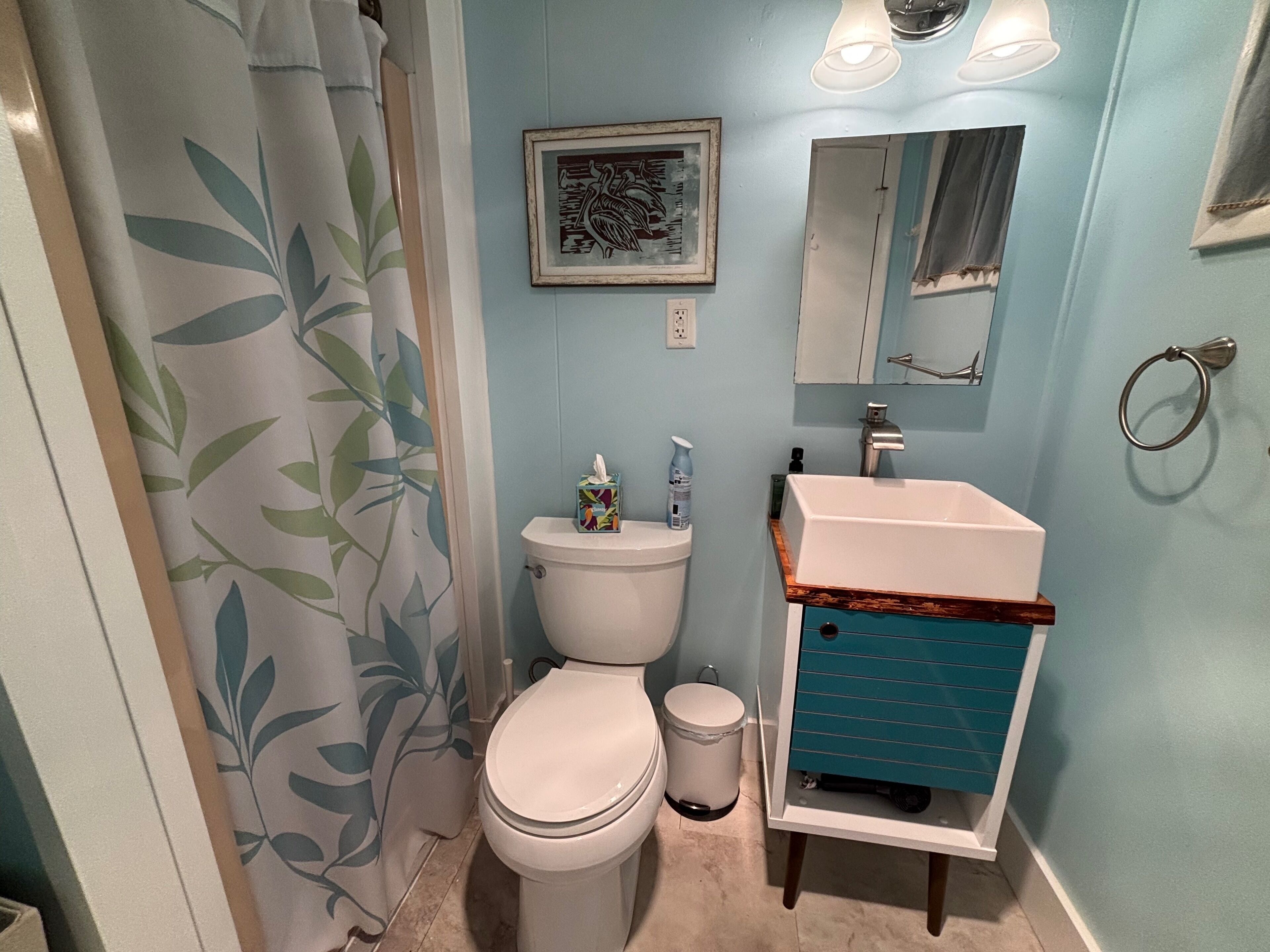 A bathroom with a toilet, sink, and shower curtain.