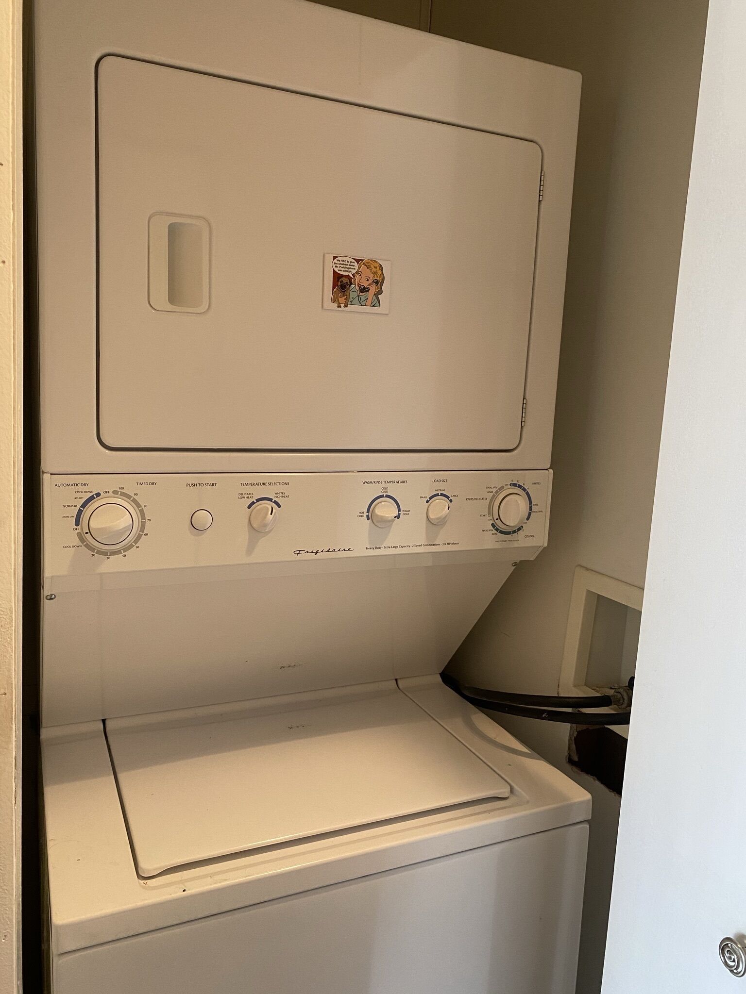 A white front-loading washing machine with a control panel featuring temperature and load size settings.