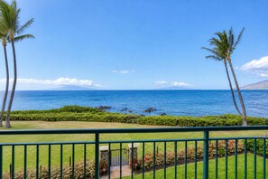 A balcony with a view of the ocean, palm trees, and a well-maintained garden. - Punahoa Beach 201 - Direct Ocean Front, Beautiful Renovation, Split AC, Wi-Fi (Kihei)
