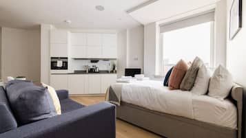 1 bedroom, hypo-allergenic bedding, desk, iron/ironing board